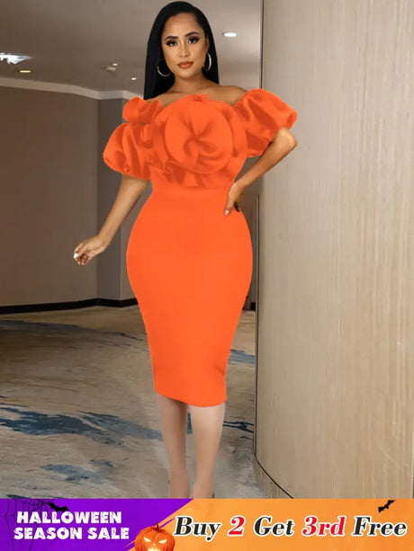 Women Off Shoulder Ruffle Flower Party Dresses Midi Orange / S