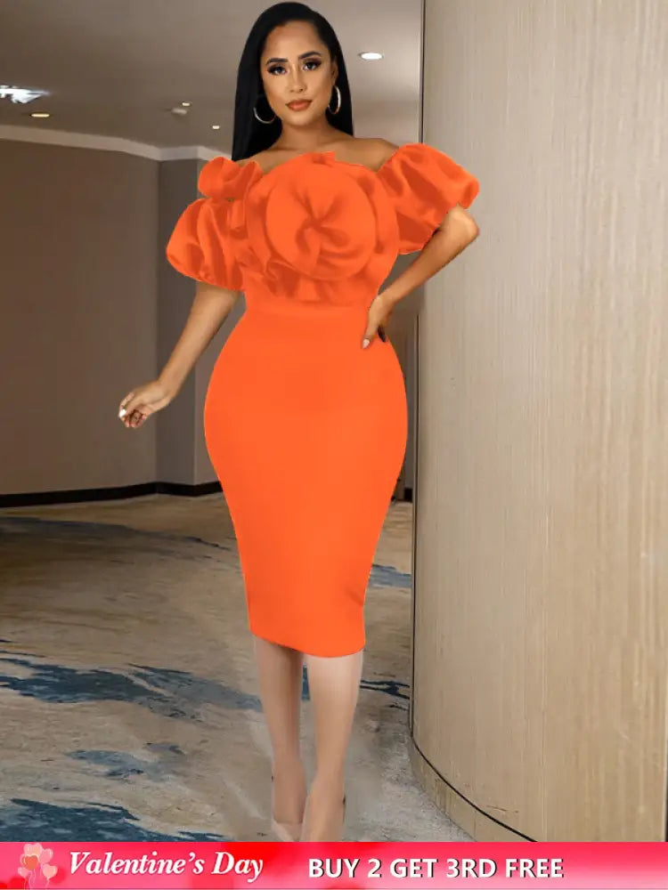 Women Off Shoulder Ruffle Flower Party Dresses Midi Orange / S