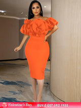 Women Off Shoulder Ruffle Flower Party Dresses Midi Orange / S