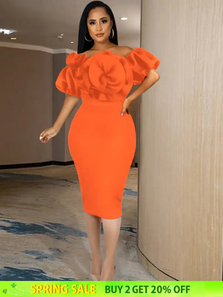 Women Off Shoulder Ruffle Flower Party Dresses Midi Orange / S