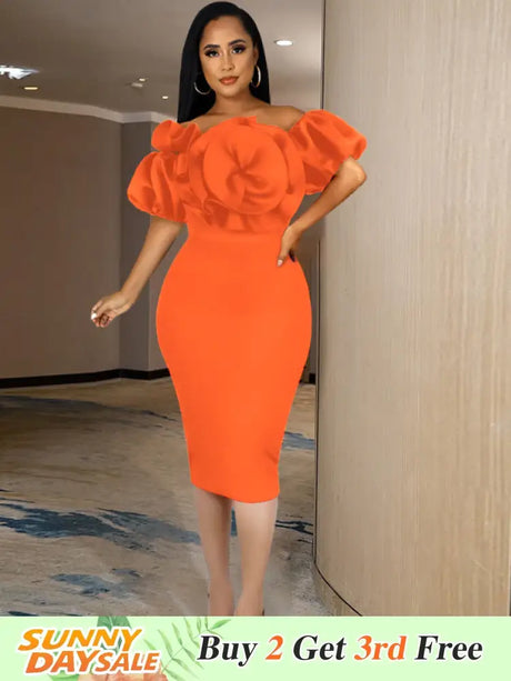 Women Off Shoulder Ruffle Flower Party Dresses Midi Orange / S