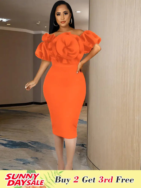 Women Off Shoulder Ruffle Flower Party Dresses Midi Orange / S