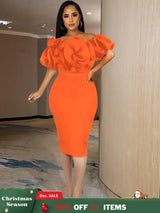 Women Off Shoulder Ruffle Flower Party Dresses Midi Orange / S