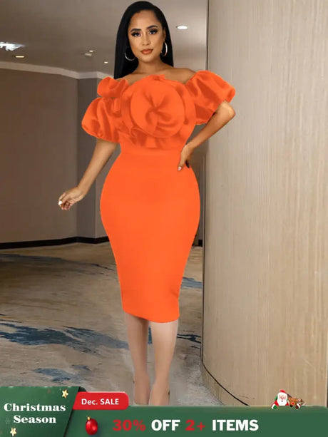 Women Off Shoulder Ruffle Flower Party Dresses Midi Orange / S