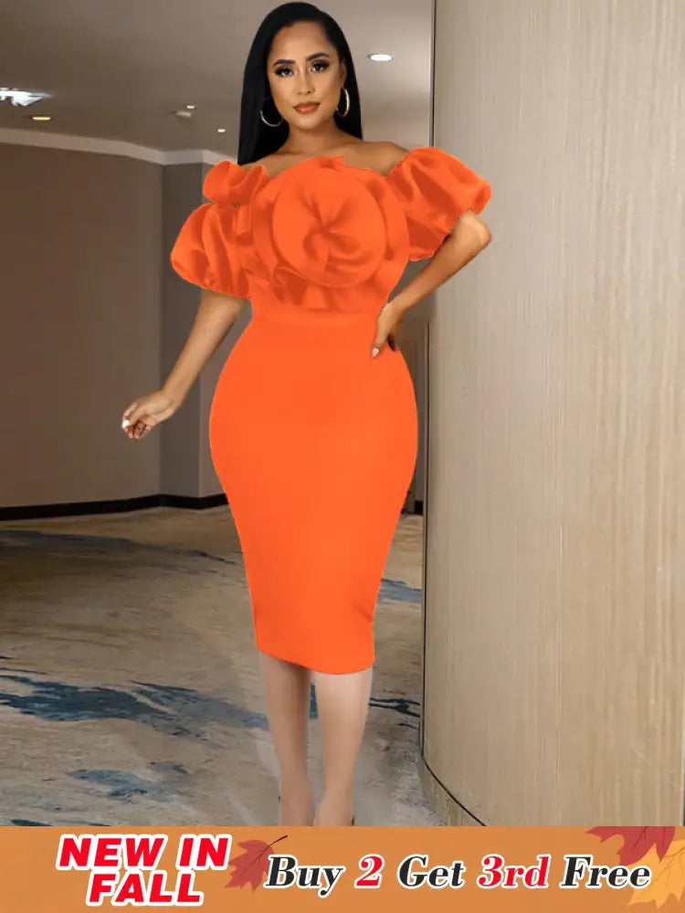 Women Off Shoulder Ruffle Flower Party Dresses Midi Orange / S