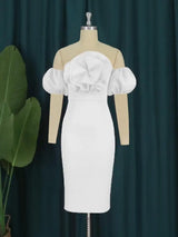 Women Off Shoulder Ruffle Flower Party Dresses Midi White / S