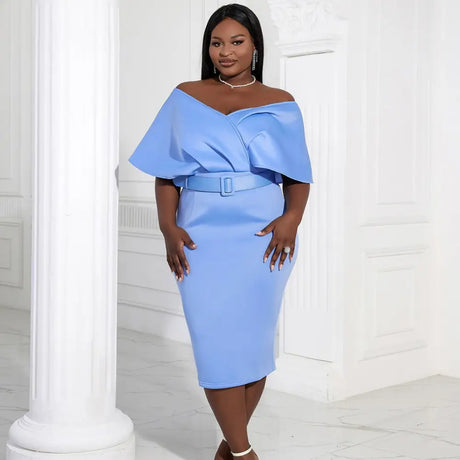 Women Off Shoulder V Neck Party Dress Blue / L