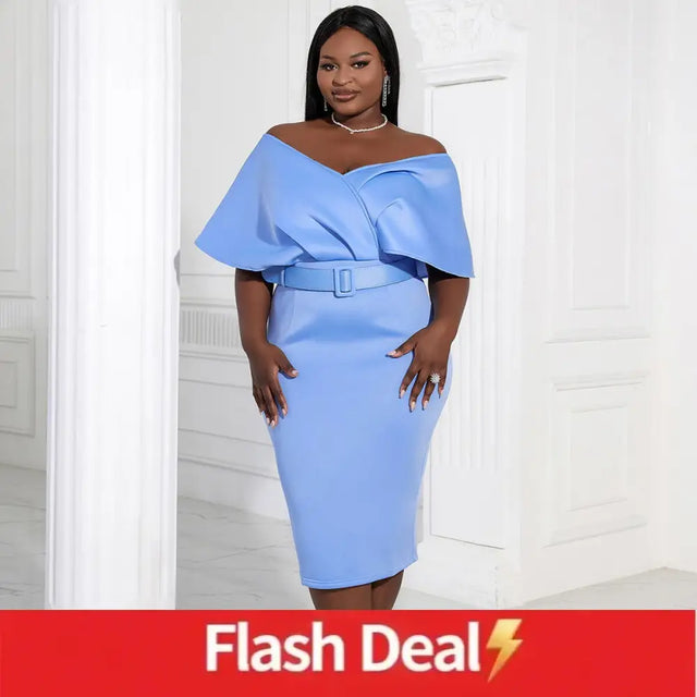 Women Off Shoulder V Neck Party Dress Blue / L