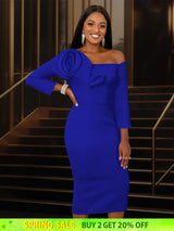 Women One Shoulder Midi Dresswith 3D Flower Asymmetric Sleeve