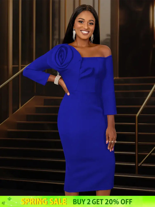 Women One Shoulder Midi Dresswith 3D Flower Asymmetric Sleeve