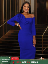 Women One Shoulder Midi Dresswith 3D Flower Asymmetric Sleeve