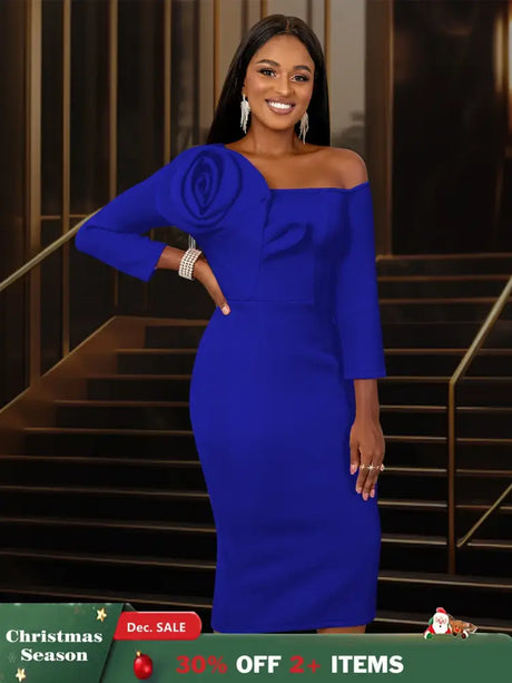 Women One Shoulder Midi Dresswith 3D Flower Asymmetric Sleeve