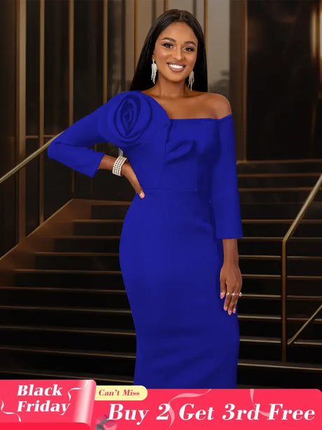 Women One Shoulder Midi Dresswith 3D Flower Asymmetric Sleeve