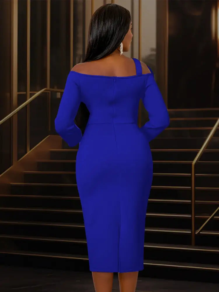 Women One Shoulder Midi Dresswith 3D Flower Asymmetric Sleeve