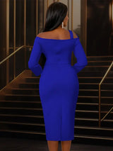 Women One Shoulder Midi Dresswith 3D Flower Asymmetric Sleeve