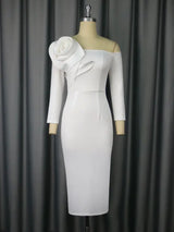 Women One Shoulder Midi Dresswith 3D Flower Asymmetric Sleeve