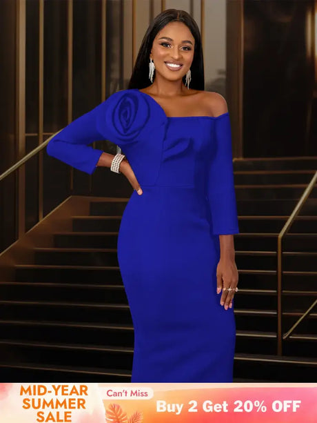 Women One Shoulder Midi Dresswith 3D Flower Asymmetric Sleeve