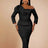 Women One Shoulder Midi Dresswith 3D Flower Asymmetric Sleeve Black / S