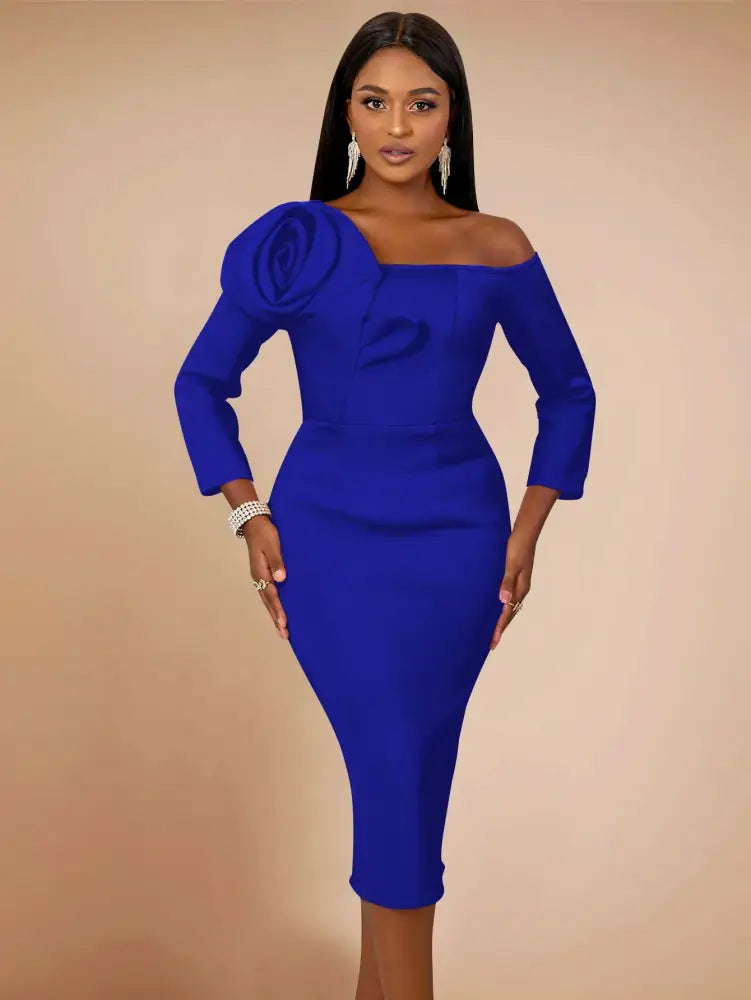 Women One Shoulder Midi Dresswith 3D Flower Asymmetric Sleeve Blue / S
