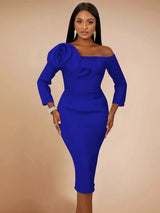 Women One Shoulder Midi Dresswith 3D Flower Asymmetric Sleeve Blue / S
