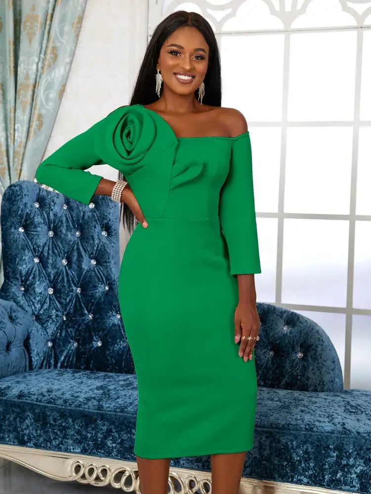 Women One Shoulder Midi Dresswith 3D Flower Asymmetric Sleeve Green / S