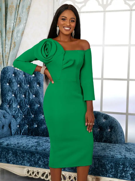 Women One Shoulder Midi Dresswith 3D Flower Asymmetric Sleeve Green / S