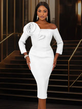 Women One Shoulder Midi Dresswith 3D Flower Asymmetric Sleeve White / S