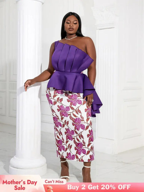 Women One Shoulder Printed Patchwork Party Dress Purple / 2XL