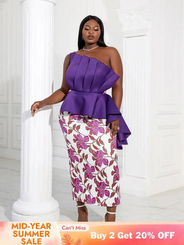 Women One Shoulder Printed Patchwork Party Dress Purple / 2XL