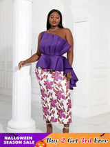 Women One Shoulder Printed Patchwork Party Dress Purple / 2XL