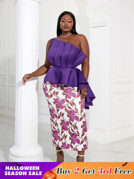 Women One Shoulder Printed Patchwork Party Dress Purple / 2XL