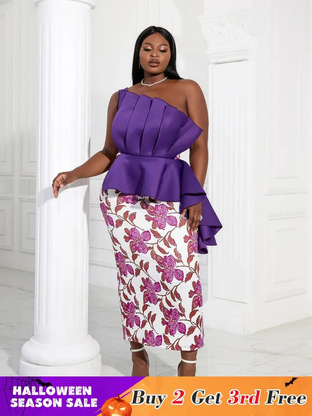 Women One Shoulder Printed Patchwork Party Dress Purple / 2XL