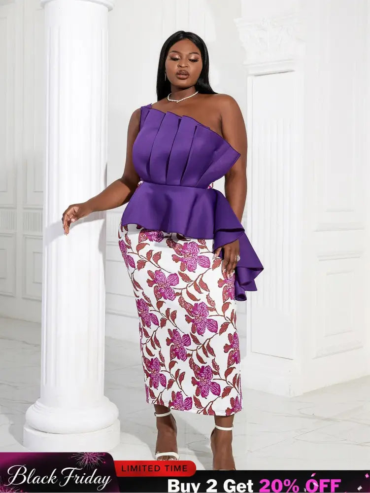 Women One Shoulder Printed Patchwork Party Dress Purple / 2XL