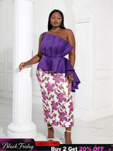 Women One Shoulder Printed Patchwork Party Dress Purple / 2XL