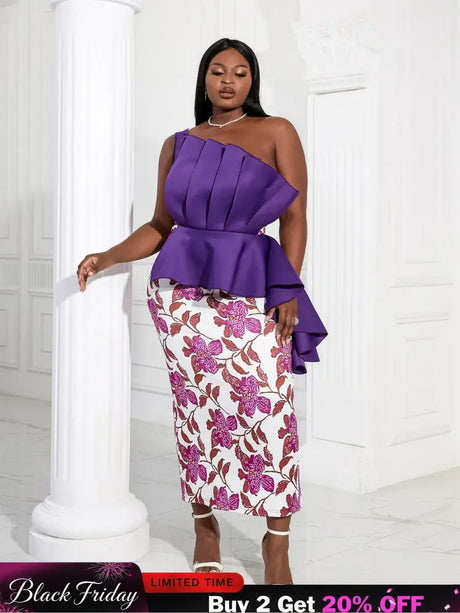 Women One Shoulder Printed Patchwork Party Dress Purple / 2XL