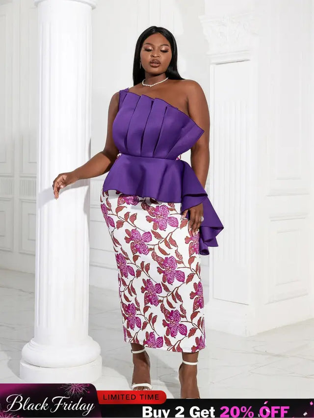 Women One Shoulder Printed Patchwork Party Dress Purple / 2XL