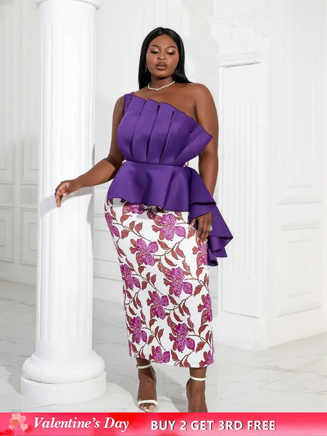 Women One Shoulder Printed Patchwork Party Dress Purple / 2XL