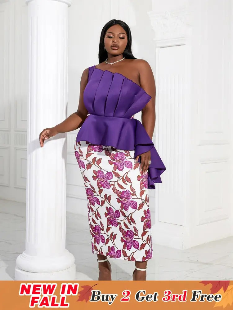 Women One Shoulder Printed Patchwork Party Dress Purple / 2XL
