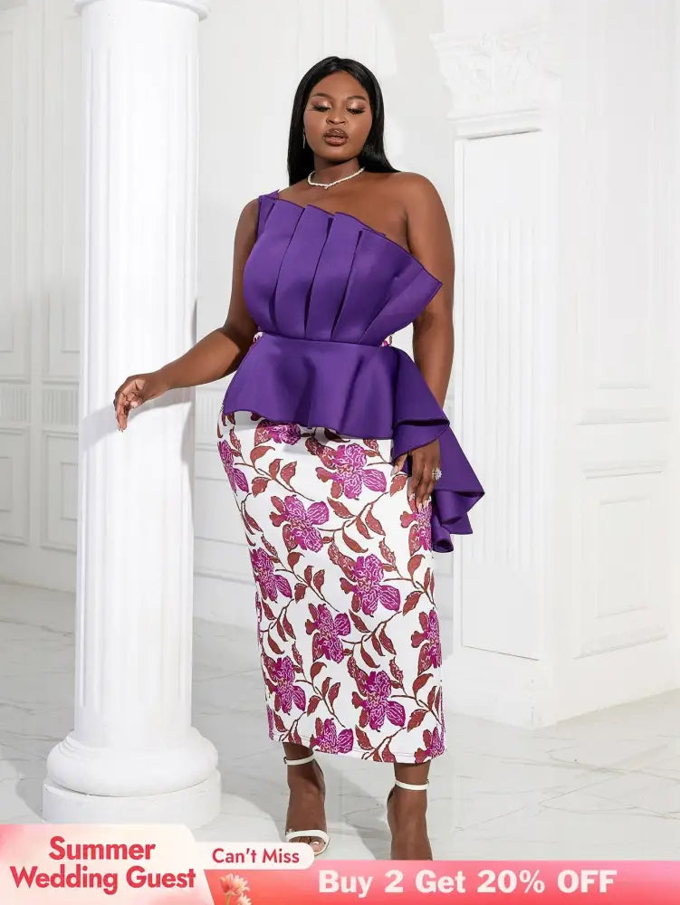 Women One Shoulder Printed Patchwork Party Dress Purple / 2XL