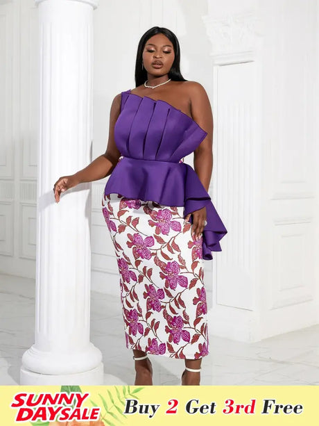 Women One Shoulder Printed Patchwork Party Dress Purple / 2XL