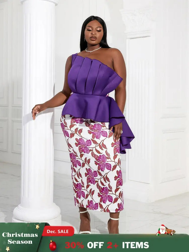 Women One Shoulder Printed Patchwork Party Dress Purple / 2XL