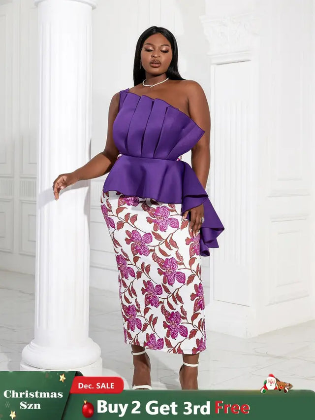 Women One Shoulder Printed Patchwork Party Dress Purple / 2XL