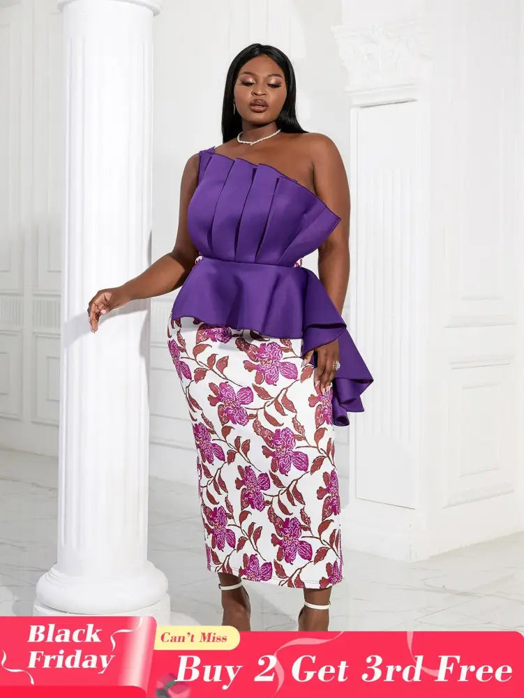 Women One Shoulder Printed Patchwork Party Dress Purple / 2XL