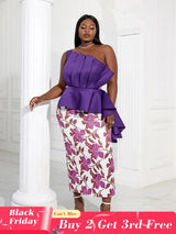 Women One Shoulder Printed Patchwork Party Dress Purple / 2XL
