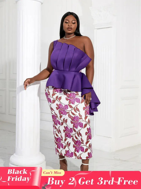 Women One Shoulder Printed Patchwork Party Dress Purple / 2XL