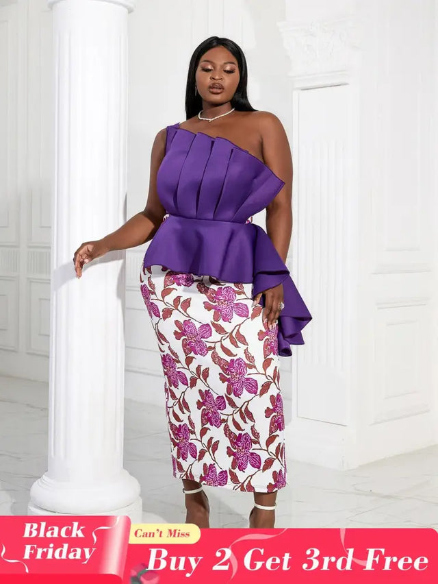 Women One Shoulder Printed Patchwork Party Dress Purple / 2XL