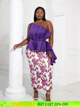 Women One Shoulder Printed Patchwork Party Dress Purple / 2XL