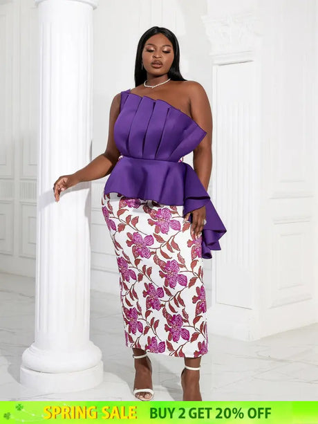 Women One Shoulder Printed Patchwork Party Dress Purple / 2XL