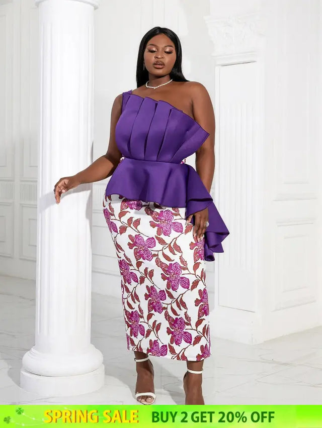Women One Shoulder Printed Patchwork Party Dress Purple / 2XL