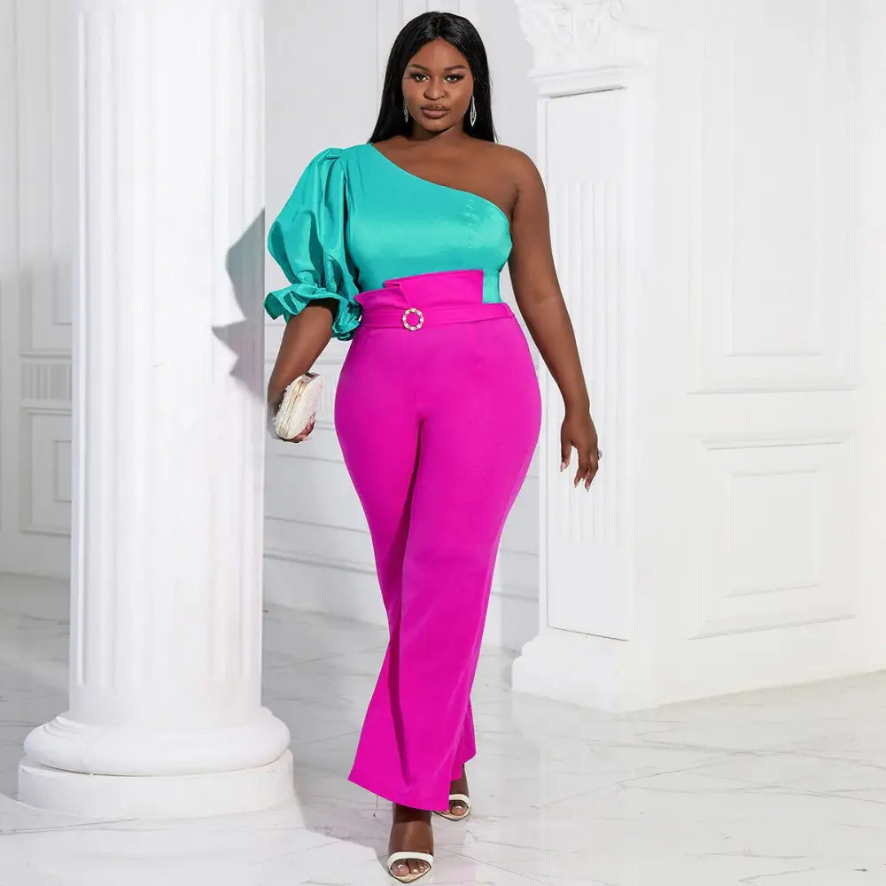 Women One Shoulder Puff Sleeves Blouse Green / L